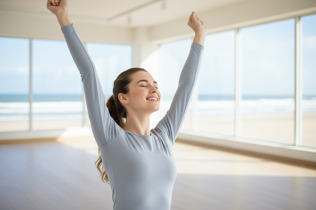 a cute woman wearing a light grey tight shirt with her hands up excited that she is not sweating anymore. Hands up arms extended like she is shouting hooray