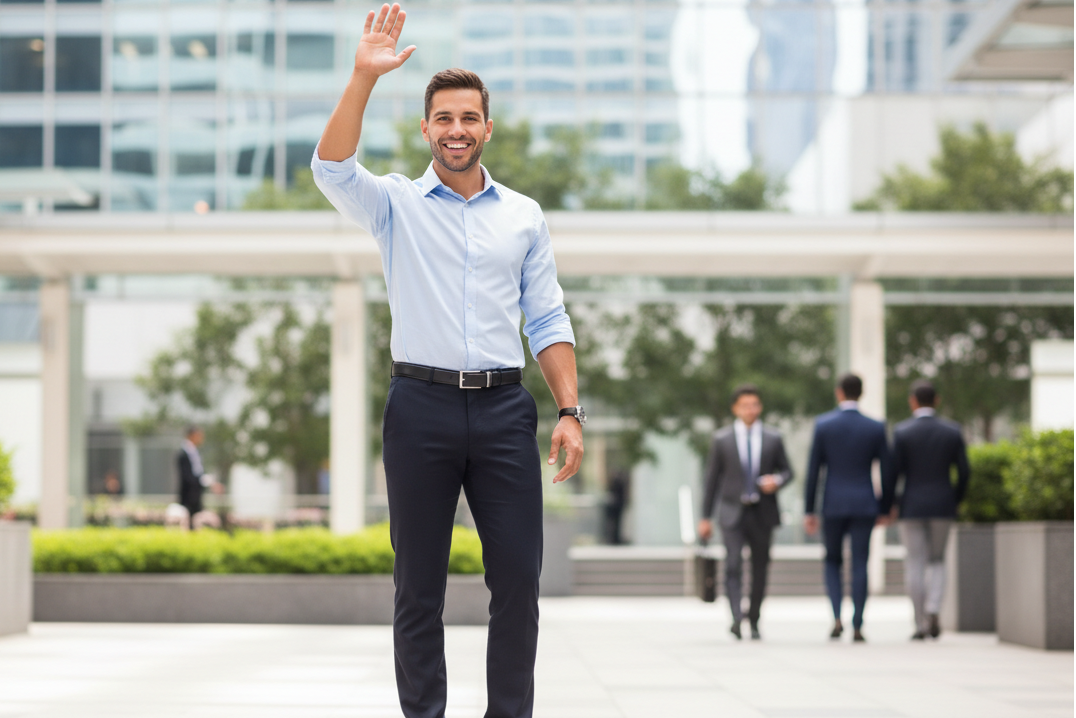 Can you make a man that looks happy in a business setting, outside, holding one hand up waving to someone in a light blue dress shirt. Looking happy that he isn't sweaty any more
