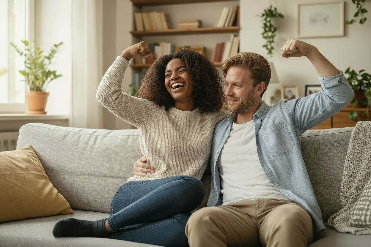 Let's have an image of an attractive couple with a african american wife and a white husband. Let's have them laughing and holding onto eachother playfully on the couch like they are on a date. One of them with their arm up
